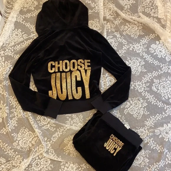Y2K Juicy Couture Black VELOUR Tracksuit Set CHOOSE JUICY GOLD BLING OUTFIT - Picture 7 of 17